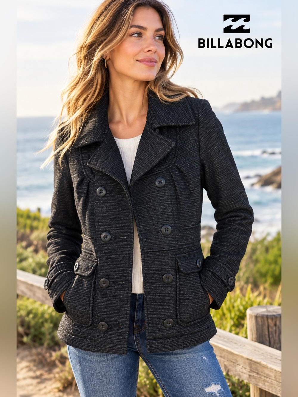 Billabong Black/Charcoal Textured Peacoat Jacket Double Breasted Size Small